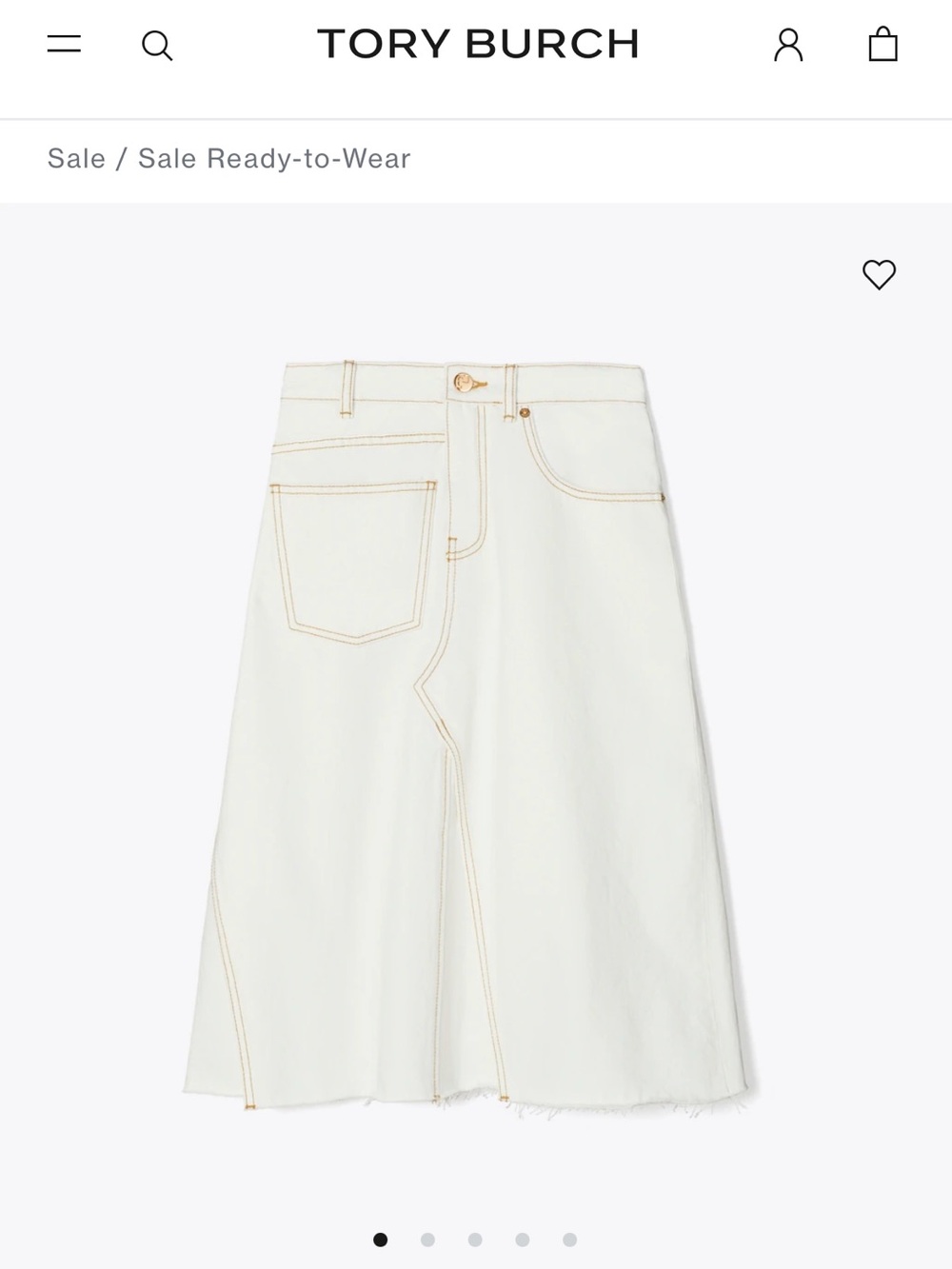 Tory Burch Cream Denim A-Line Midi Skirt with Contrast Topstitching